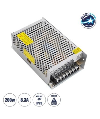 GLOBOSTAR® LUMIVOLT 73045 Τροφοδοτικό-Μετασχηματιστής PELV 200W 8.3A DC 24V IP20 - AC 220-240V σε DC 24V - Ρυθμιζόμενo από DC 22.5V έως DC 25.5V - Μ16 x Π10 x Υ5cm - 3 Χρόνια Εγγύηση